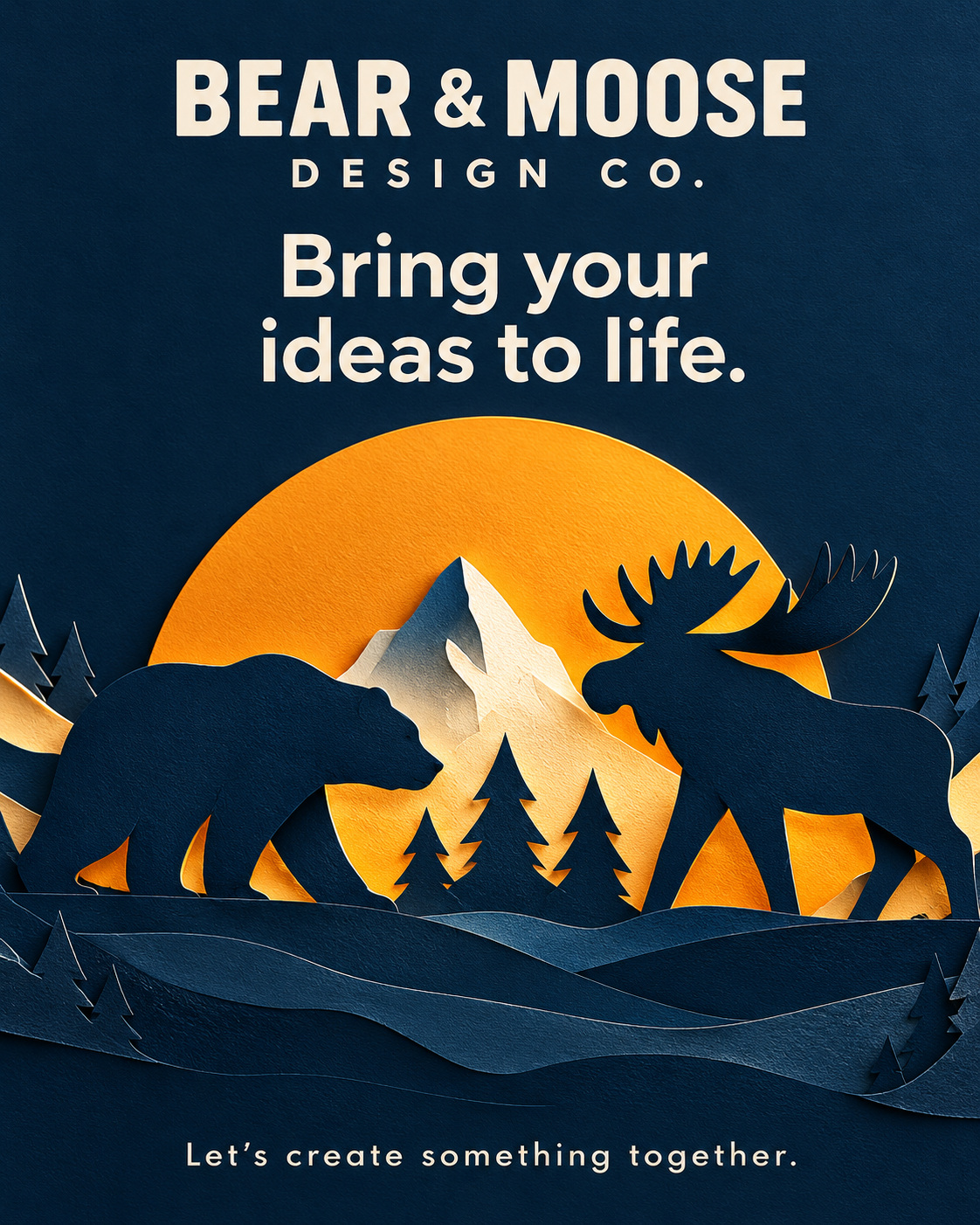Bring your ideas to life: navy, cream, and orange Bear & Moose brand artwork